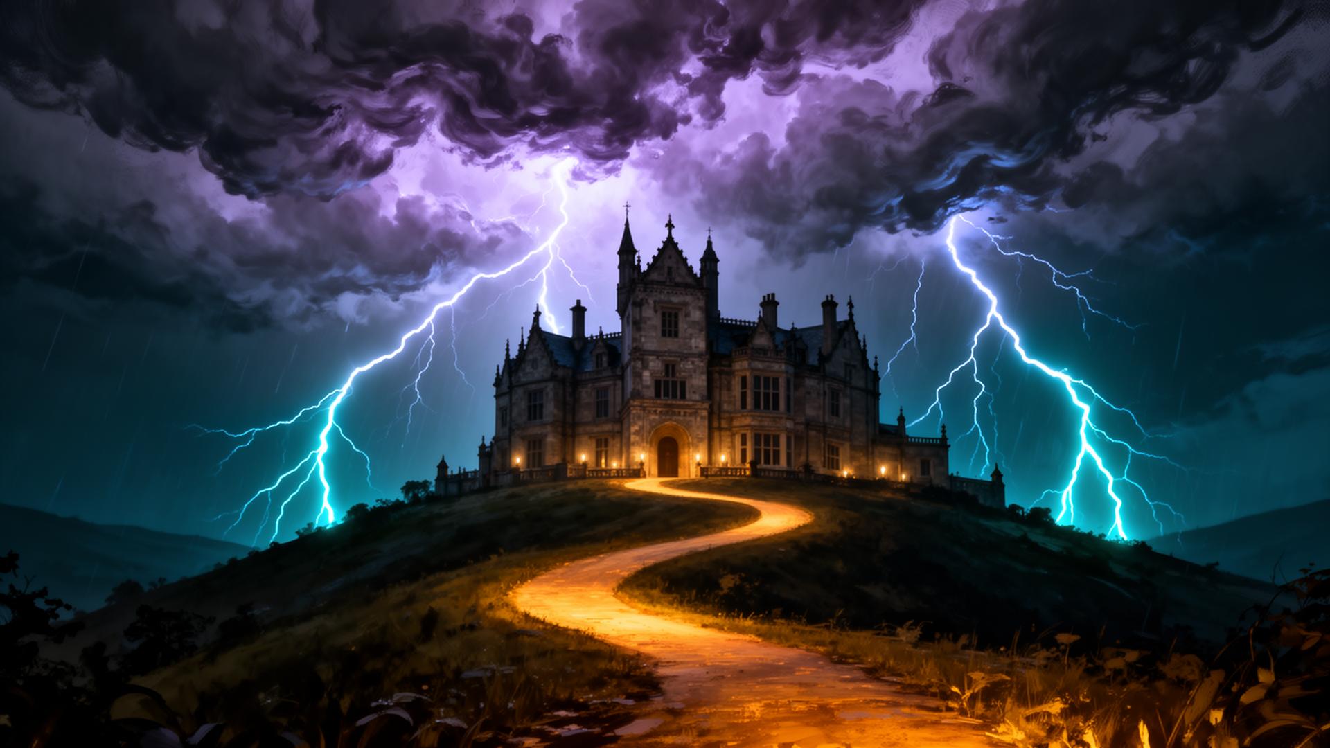A grand manor on a hill struck by brilliant lightning under a violent storm